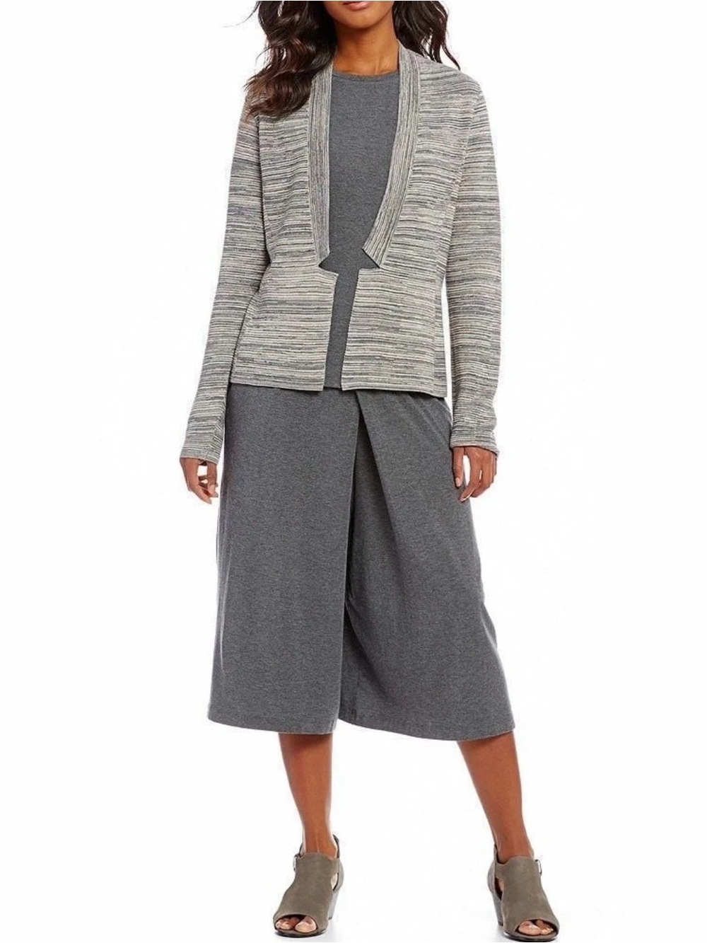 Eileen Fisher Notch Collar Open‎ Front Cardigan Maple Oat Medium Marled Knit